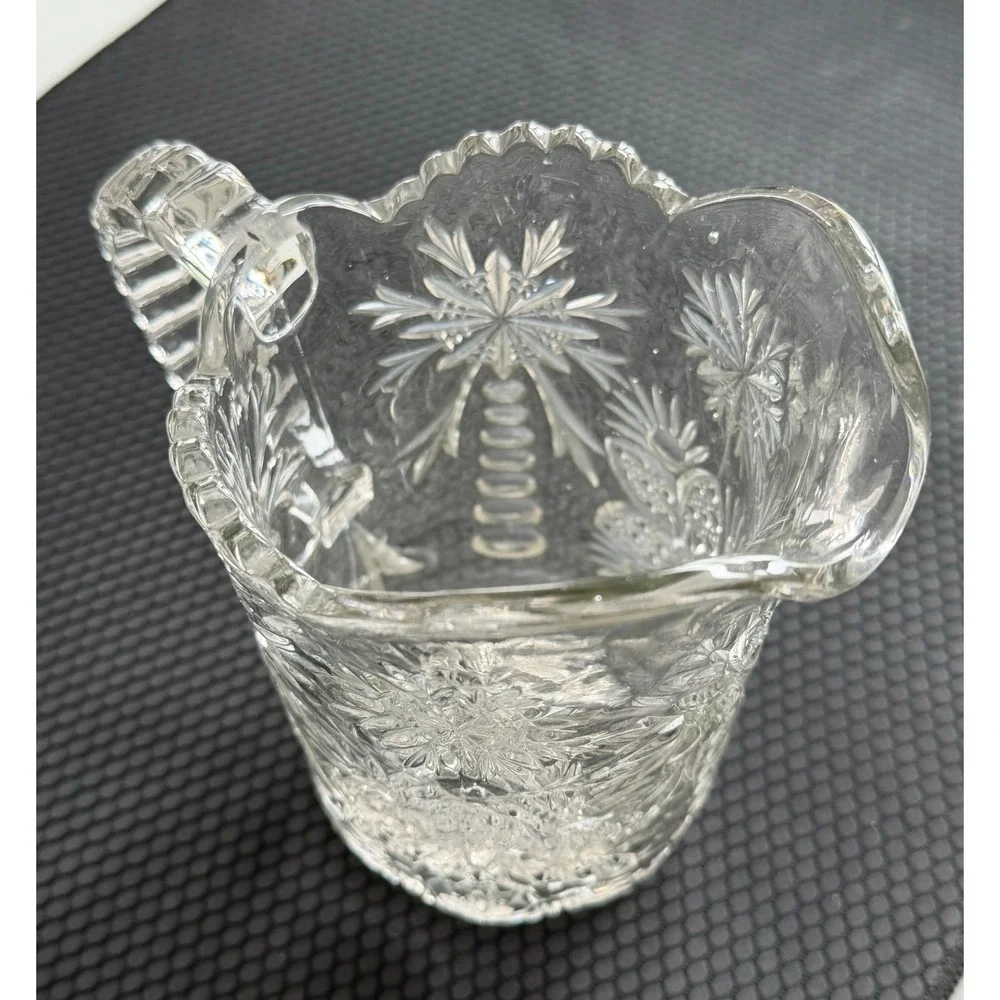Palm Tree Flower Etched Lead Crystal Water Pitcher 7.25